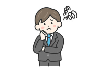 頬に手をあて、首を傾げる、スーツを着た男性（線画カラー）のイラスト
