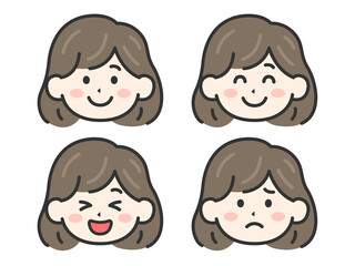 いろいろな表情をした、女性の顔（線画カラー）のイラストセット