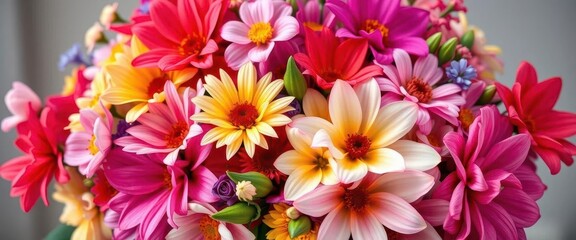 Vibrant mixed flower bouquet, lush blossoms in elegant floral arrangement, gerbera, flower market