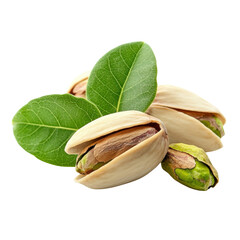 Fresh Pistachios in Shell with Green Leaves on White Background