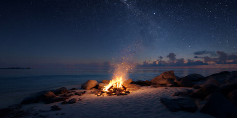 Naklejka premium Campfire on a Beach at Night with Stars Above for Beach Camping, Outdoor Design, and Night Sky Projects