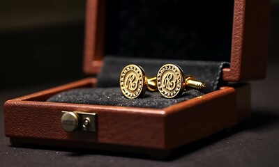 Luxury Gold Cufflinks with Engraved Initials in Elegant Box - Powered by Adobe
