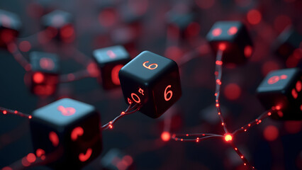 A neural network of floating dice (1s and 6s) linked by glowing threads in a void. Flickering numbers and bioluminescent pulses evoke AI and chance.
