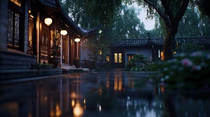 Rain-drenched Chinese courtyard at night, reflecting lanterns