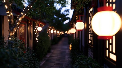 Fototapeta premium Asian alleyway at night, lanterns, trees, traditional architecture