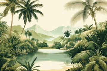 Fototapeta premium Wallpaper serene tropical landscape painting in pastel tones