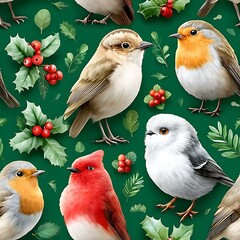 Fototapeta premium Seamless Pattern Colorful birds amidst holly and leaves forest digital art nature close-up wildlife