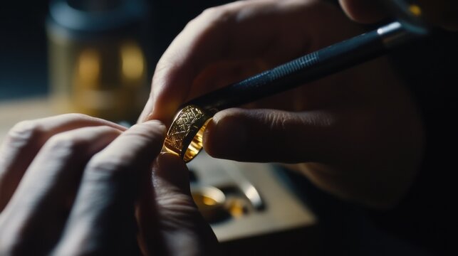 A goldsmith crafting an intricate ring design with fine engraving tools. Featuring precision and artistry