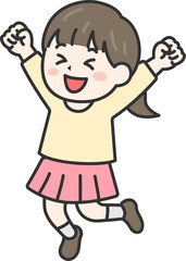 喜んで飛び跳ねる、女の子（線画カラー）のイラスト