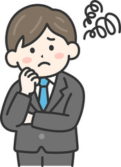 頬に手をあて、首を傾げる、スーツを着た男性（線画カラー）のイラスト
