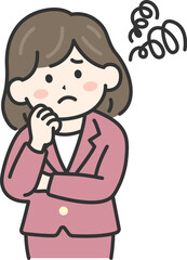 頬に手をあて、首を傾げる、スーツを着た女性（線画カラー）のイラスト