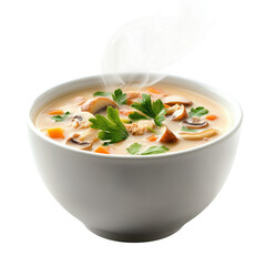 Creamy Chicken Soup with Fresh Vegetables and Steam Rising