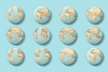Earth globes arranged in a grid pattern