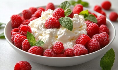 A bowl of fresh fruit salad topped with creamy yogurt and mixed berries sits in a white bowl