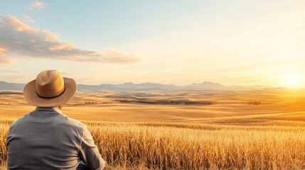 A farmer sits peacefully in a golden wheat field, gazing at the breathtaking sunset over the expansive countryside, symbolizing hard work and tranquility