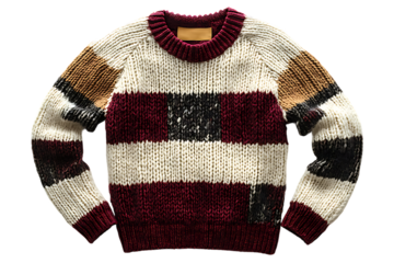 Knitted Sweater with Stripes, Burgundy, White, Brown and Black on a Black Background