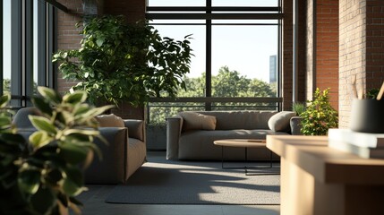 Fototapeta premium Sunlight Bathes a Modern Industrial Interior Space Featu Grey Sofas, Potted Plants, and a Light Wood Table Against Exposed Brick Walls