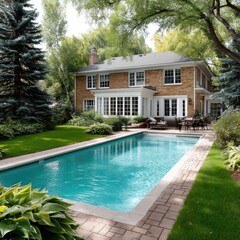 Fototapeta premium Expansive backyard with lush greenery, swimming pool, and outdoor kitchen area - Grass Lawn Beautiful Patio Comfort