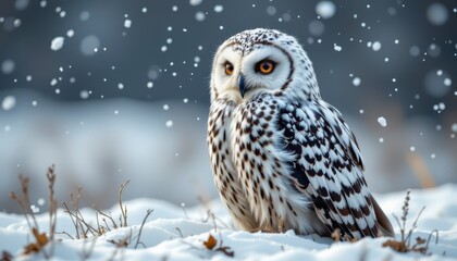 Fototapeta premium Beautiful snowy owl perched in winter landscape with falling snowflakes creating a serene and magical atmosphere