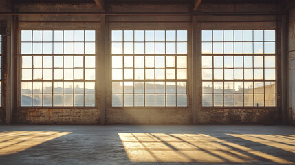 Industrial space with large factory windows and soft shadows