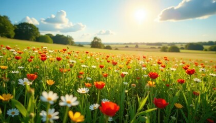 Sun-drenched field, profusion of wildflowers, idyllic scene , field, colorful