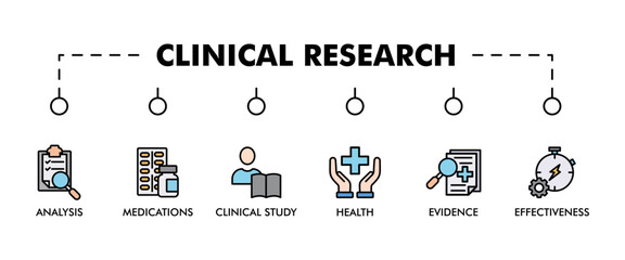 CLINICAL RESEARCH banner web icon vector illustration concept with icon of analysis, evidence, clinical study, effectiveness, medications and health