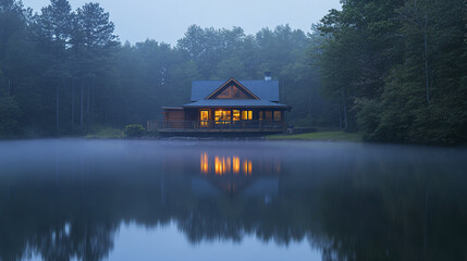 Fototapeta premium cozy cabin reflects in still water of misty lake at dusk