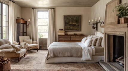 Rustic Beige Bedroom Interior Design with Fireplace