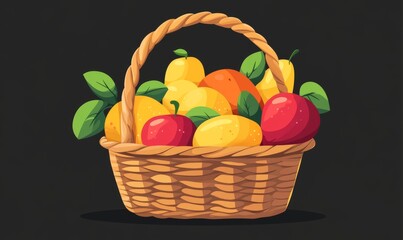 Vibrant depiction of a fruit basket filled with apples, pears, and oranges