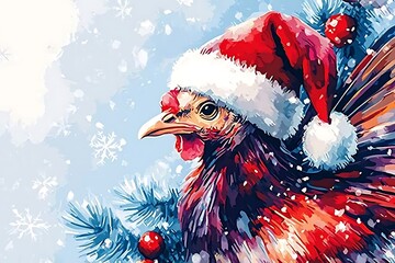 A Festive Chicken Wearing A Santa Hat In The Snow