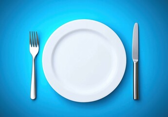 Minimalist White Plate Surrounded by Silver Fork and Knife on Bright Blue Background