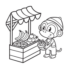 Adorable Cartoon Monkey Buying Bananas Under a Market Stall Umbrella