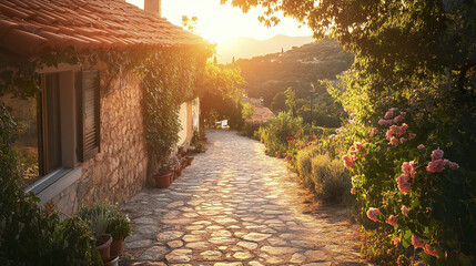Obraz premium Charming stone path leads to Mediterranean villa at sunset