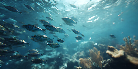 Fototapeta premium A Tranquil Underwater Scene with Schools of Fish for Marine Life, Oceanography, and Tranquil Ocean Exploration Projects