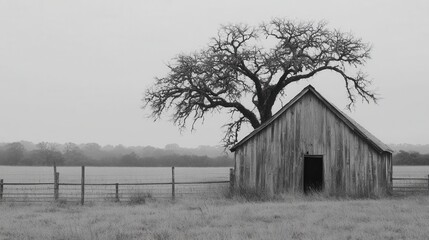 Rustic wooden barn under a solitary tree in a foggy rural landscape at dawn