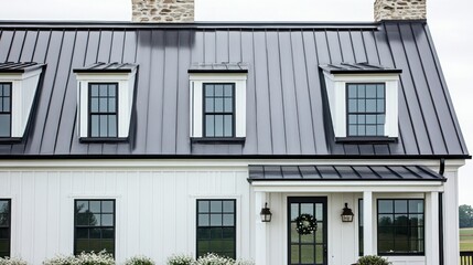 Obraz premium A modern white farmhouse features dark roof and black window frames