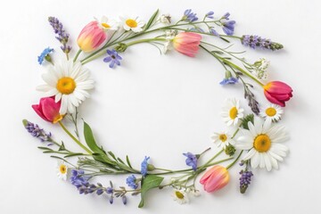 Floral Wreath With Tulips Daisies Lavender And Forget Me Nots On White Background Springtime Natural Flower Arrangement Delicate Feminine