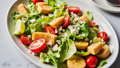 Fresh Salad With Tomatoes Cheese And Greens On Plate