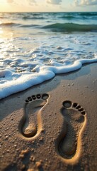 Two sets of footprints receding into ocean waves, footprints, blue hour, beach