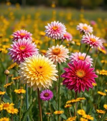 Vibrant dahlia blooms & golden asters in autumnal field, autumn, orange