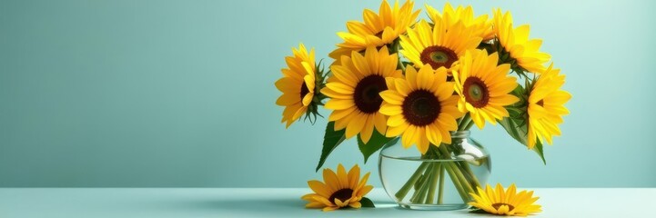 Fototapeta premium A massive sunflower bouquet, overflowing from a simple glass vase , glass, golden, plant