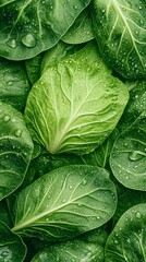 Dew-kissed green cabbage leaves lie piled together, showcasing freshness and the beauty of farm produce in the early morning light