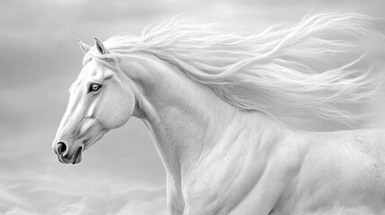 Obraz premium White Horse Running in Windswept Landscape