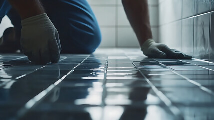 Fototapeta premium Construction worker laying tiles on the bathroom floor. Featuring tiling and interior design