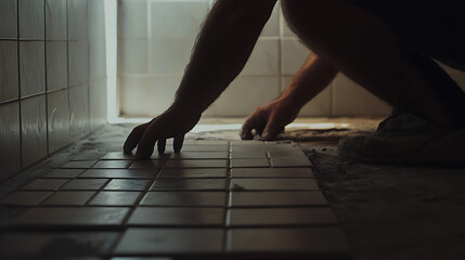 Construction worker laying tiles on the bathroom floor. Featuring tiling and interior design