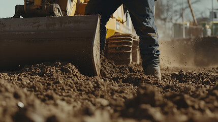 Construction worker leveling ground with a bulldozer at a site. Featuring heavy machinery and earth moving