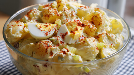 Close-Up View of Classic American Potato Salad with Egg and Paprika in a Glass Bowl