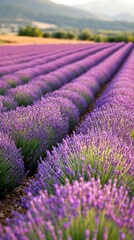 Lavender fields stretch across the horizon, alive with vibrant purple hues during sunset, offering a serene and picturesque farming landscape ideal for relaxation