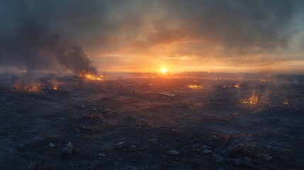 Aftermath of a battlefield at sunrise, smoke rising slowly