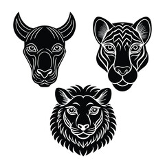 Cute animals head set with single tribal tattoo designs includes vector illustrations of black and white cats, tigers, lion dogs, bears, pigs, and foxes